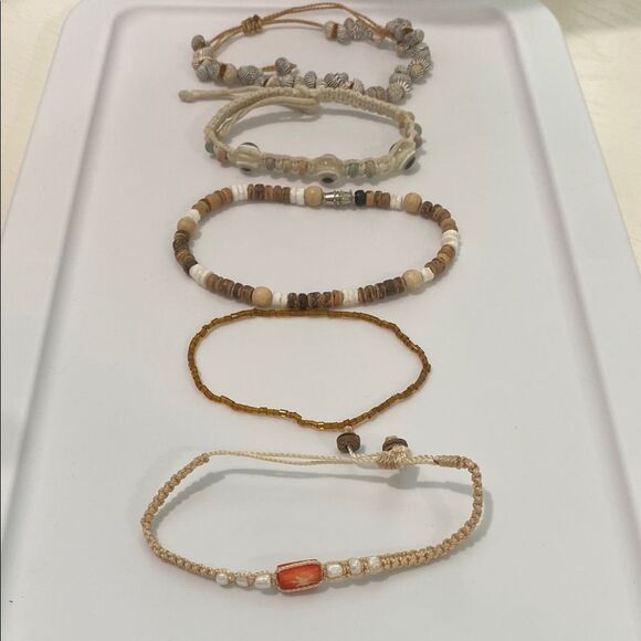 Elegant Beaded Bracelet Set 5 Hemp Rope - Cream and Brown Shells Micro Beeds - Picture 1 of 7